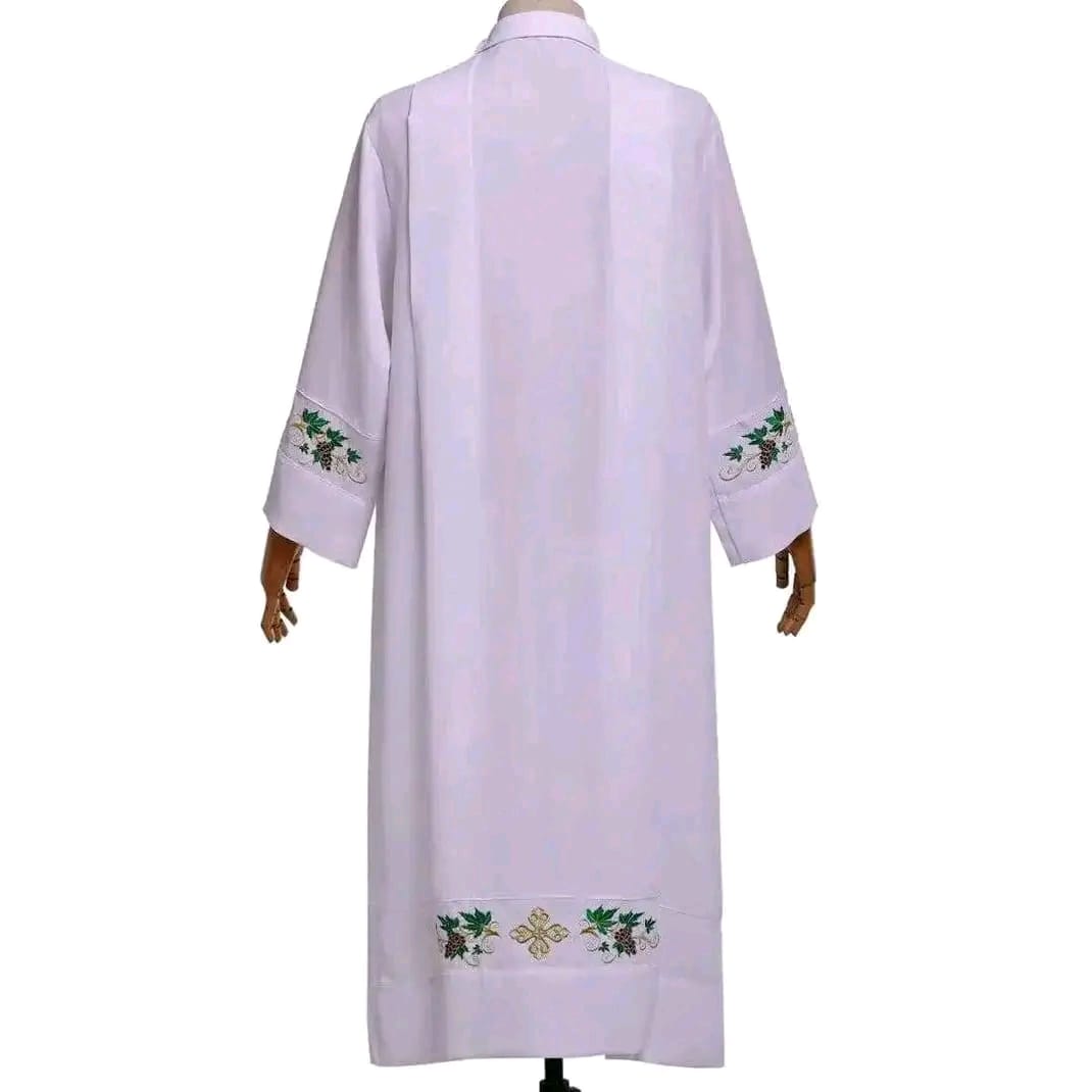 White Embroidered Clergy Cassock with Vine and Cross Motif