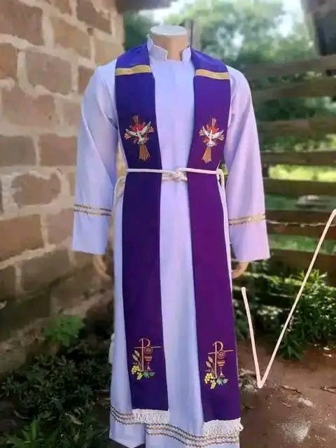 Traditional White Clergy Cassock with Purple Stole