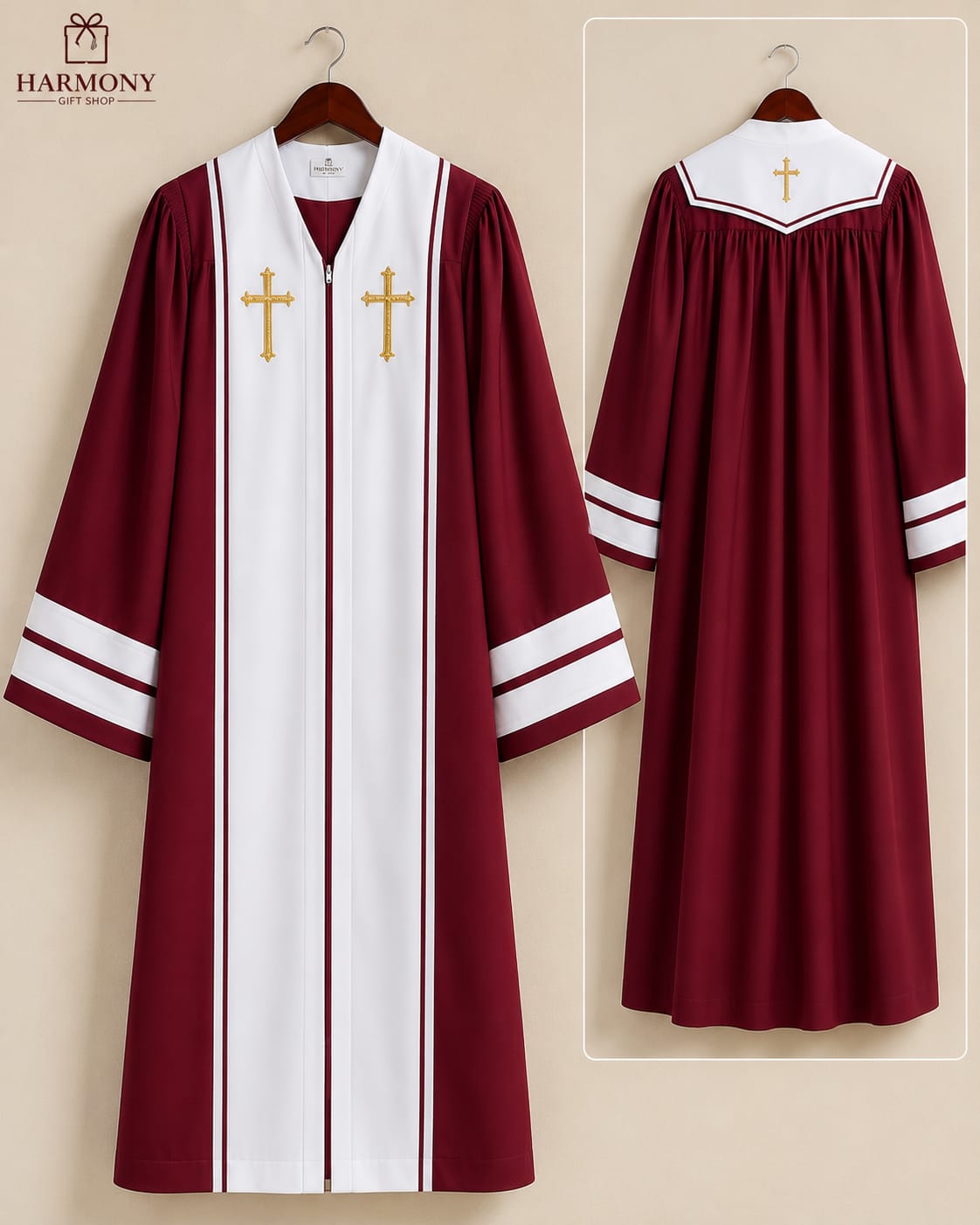 Maroon and White Clergy Cassock with Gold Cross Embroidery
