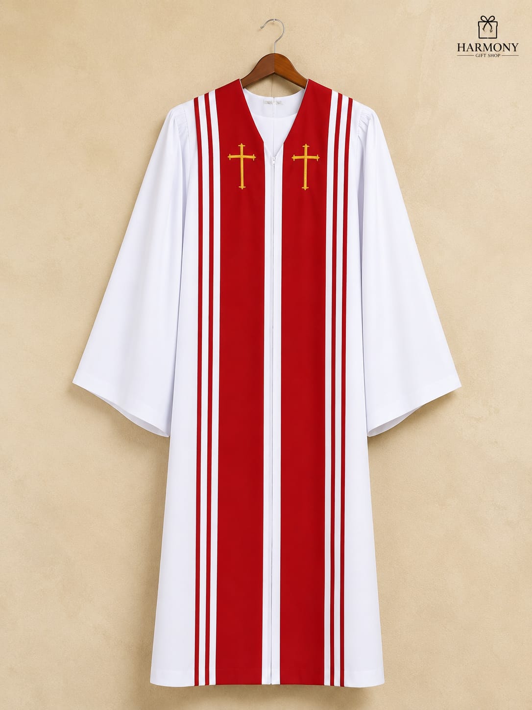 White Clergy Cassock with Red Panel and Gold Cross Embroidery