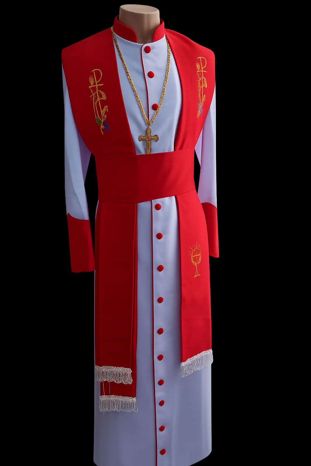 White Cassock with Red Accents and Embroidered Stole
