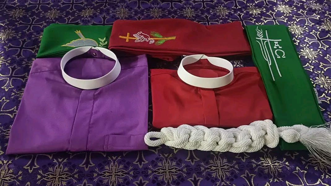 Clergy Cassocks with White Clerical Collar and Liturgical Stoles