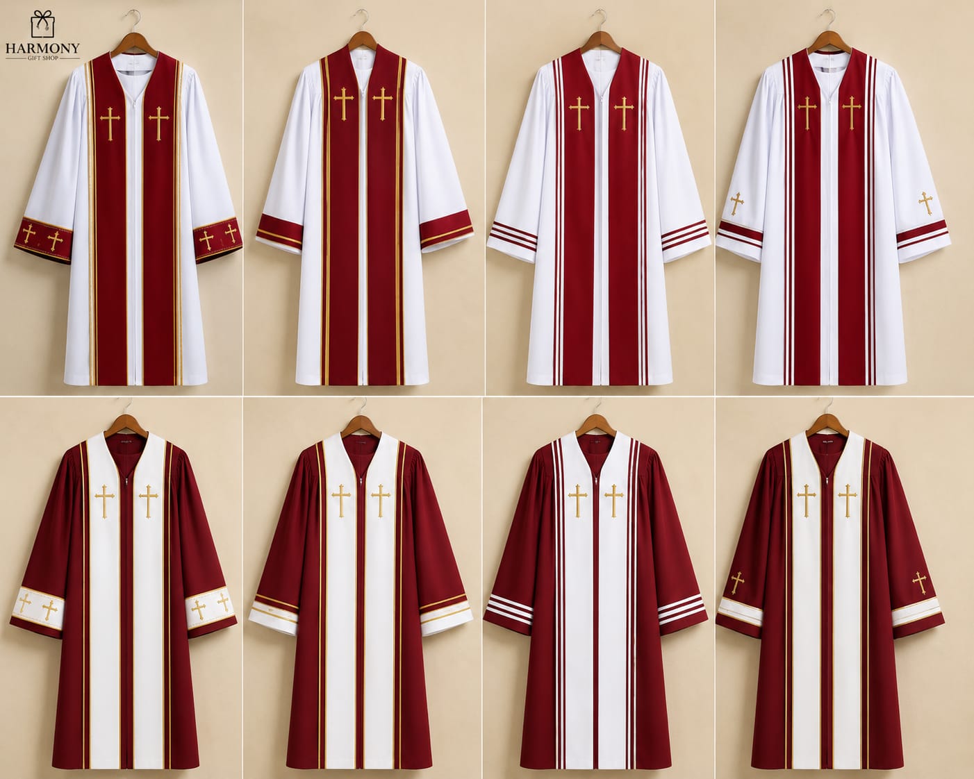 Reversible Burgundy and White Clergy Cassock with Gold Cross Embroidery