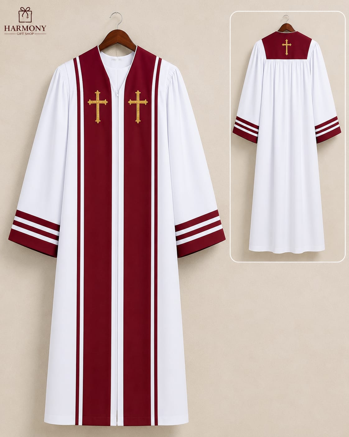 White Cassock with Burgundy Panel and Gold Cross Embroidery